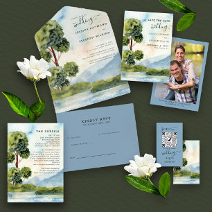 Invitación Todo En Uno Boda de acuarela azul del lago Evergreen