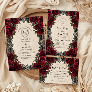 Tarjeta De Agradecimiento Boda Gótica Elegante Rosa Roja Romance Oscuro