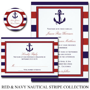 Invitación Colección de Bodas de Anchor Náutico Rojo y Marina