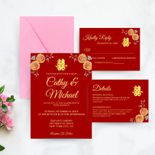 Invitación Naranja rojo floral boda chino doble felicidad