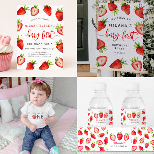 Invitación Fiesta del primer cumpleaños de fresa   Berry Firs