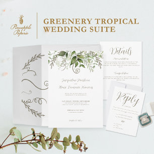 Invitación Elegante Boda de caligrafía de hoja tropical mínim