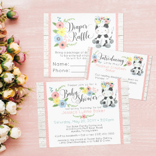 Invitación Baby Shower de vaca   Calf floral cuta en madera r