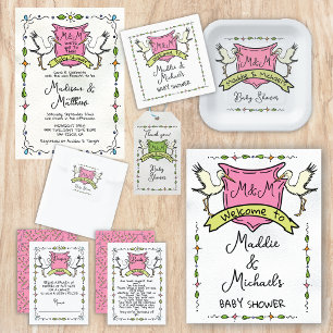 Pegatina Cuadrada Baby Shower Escudo de cigüeña dibujado por mano