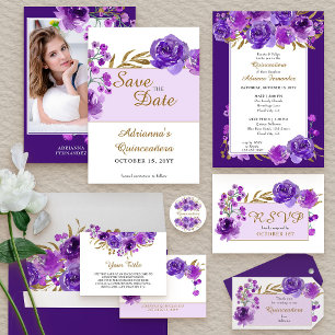Invitación Púrpura Rosa Elegante Hoja de Oro Quinceanera y Ma