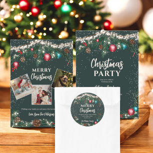 Tarjeta Festiva Navidades alumbran ramas de pino nieves verde 4 fo