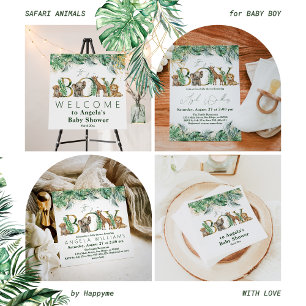 Invitación Safari Animal Jungle Green & Gold boy Baby Shower