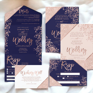 Invitación Rosa purpurina de oro confetti moda boda azul mari