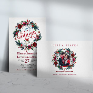Invitación Boda floral de pino granate verde de invierno rúst