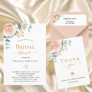 Postal De Invitación Bridal Shower eucalipto rosa floral abeja de oro