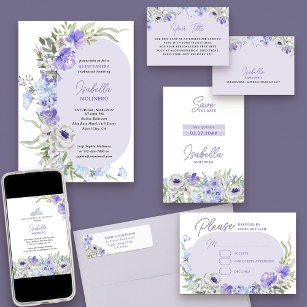 Invitación Elegante Quinceanera floral Peri Púrpura
