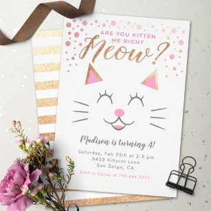 Invitación Fiesta de cumpleaños de oro rosado para gato Kitty