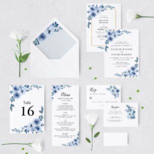 Invitación Boda de flores azules de guion elegante