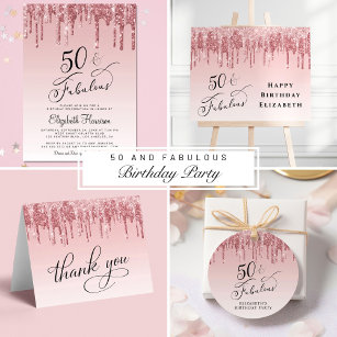 Invitación 50 Fabuloso Rosa Purpurina Fiesta de Cumpleaños Ro