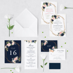 Invitación Navy & blush watercolor floral geometric wedding