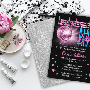 Invitación Con Relieve Metalizado Neon Look Disco Ball Fiesta de Bachelorette de Ret