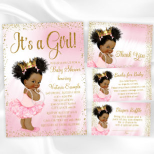 Invitación Baby Shower de princesa afroamericana de oro rosa