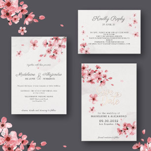 Invitación Boda romántico floral con flores de cerezo rosa