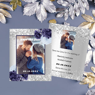 Flyer Invitación de boda floral azul marino plateado