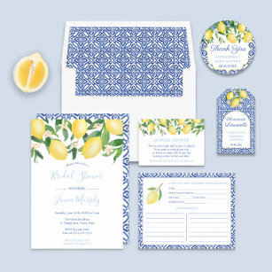 Invitación Toscana Lemons Patrón Antiguo Ducha Azul Bridal