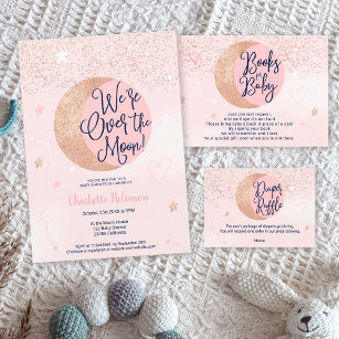 Invitación Pink rose gold glitter over the moon baby shower
