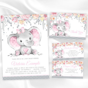 Invitación Baby Shower de elefante gris rosado chica