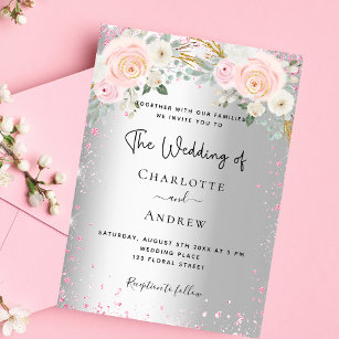 Flyer Flores rosadas plateadas invitación a la boda purp