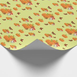 Calabazas, bayas naranjas y mariposas de oto&#241;o papel de regalo