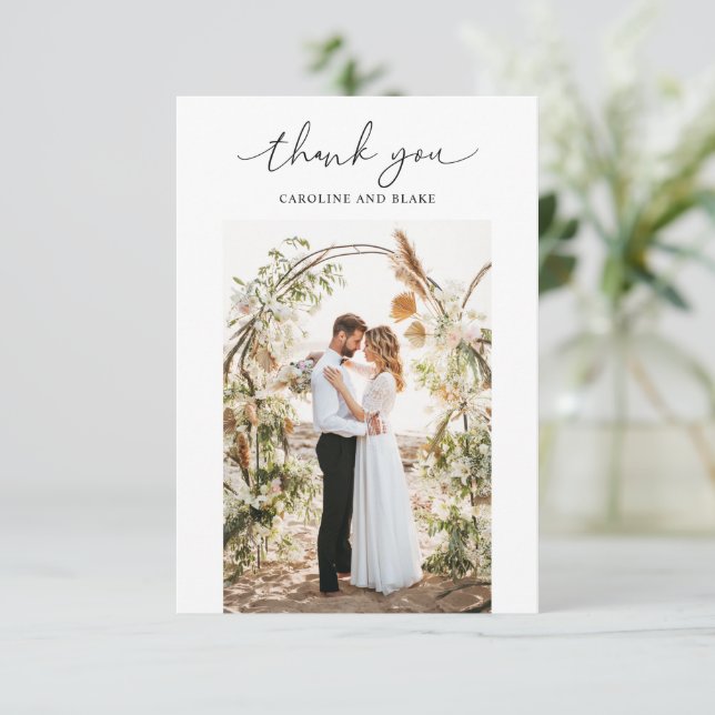 Swash Script Boda Gracias Tarjeta de fotos (Anverso de pie)