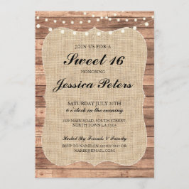 Sweet 16 Burlap Luces Invitación a la Madera Rústi