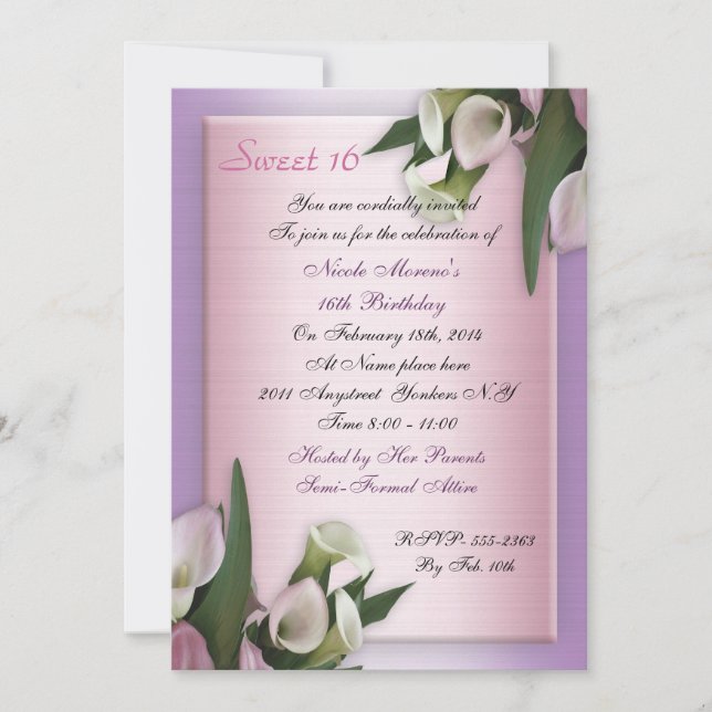 Sweet 16 calila lily, invitación de cumpleaños ele (Anverso)