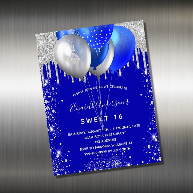 Sweet 16 imán de invitación real de plata azul (Subido por el creador)