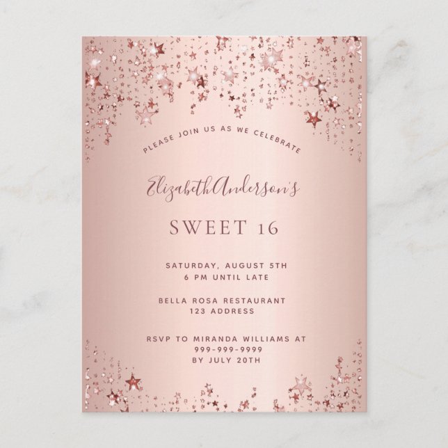 Sweet 16 Invitación de estrellas de oro rosa de 16 (Anverso)