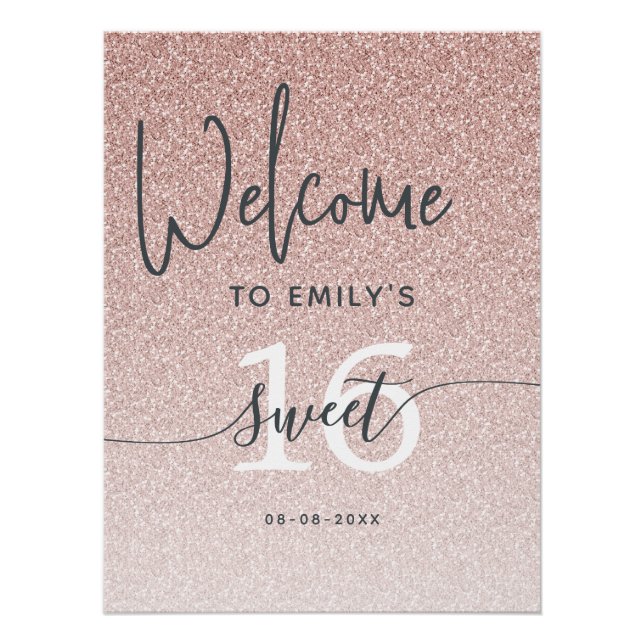 Sweet 16 Party Pink Glitter Welcome Sign Poster (Anverso)