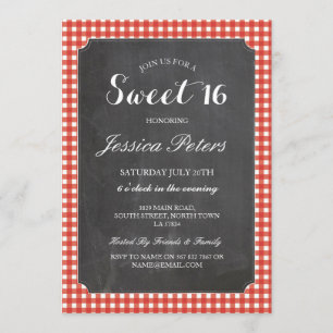 Sweet 16 Red Check Ilustró una invitación de charl