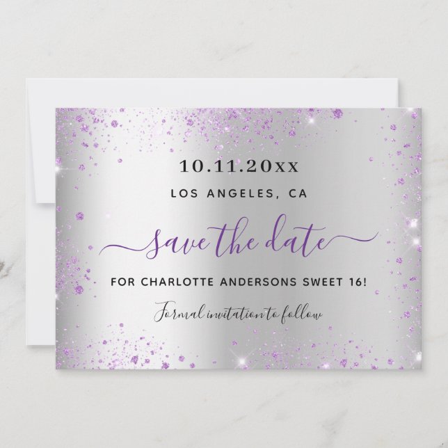 Sweet 16 silver purple save the date (Anverso)