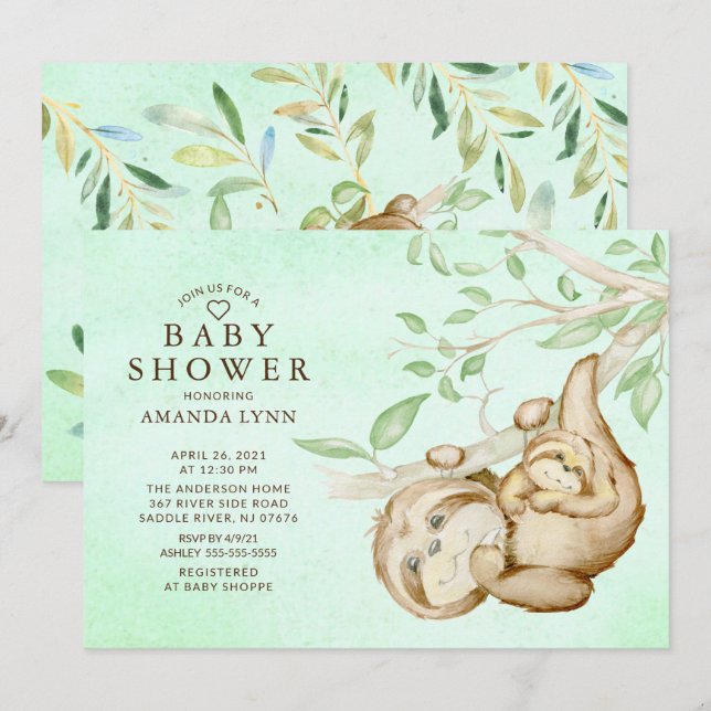 Sweet Baby Sloth Neutral Baby Shower Invitación (Anverso / Reverso)