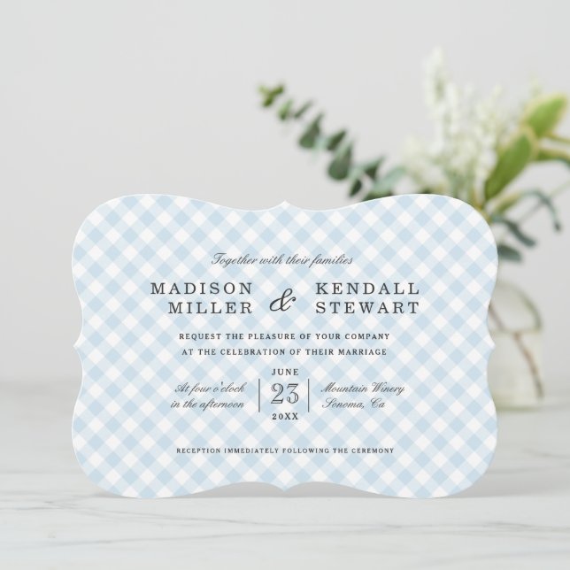 Sweet Blue Gingham | Invitación a la boda (Anverso de pie)