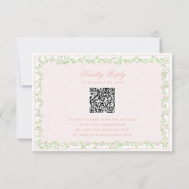 Sweet Blush Pink Floral Frame RSVP w/ Bow QR Code (Anverso)