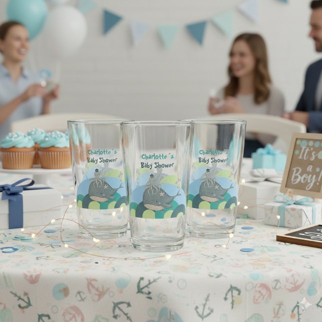 Sweet Nautical Whale Octopus Blue Baby Shower (Sweet Nautical Whale Octopus Blue Baby Shower Glass ©Susanne Sachers - Sunny Mind 🌞)