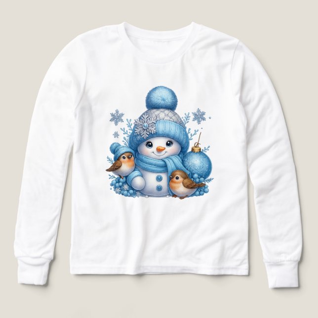 Sweet Snowman & Little Birds Holiday Shirt (Diseño frontal)