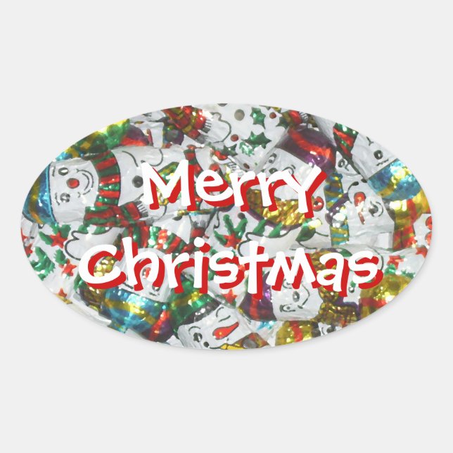 Sweet Snowmen Feliz Navidad pegatina oval (Anverso)