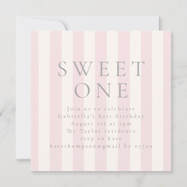Sweet Stripes Invitación rosa de primer cumpleaños (Anverso)