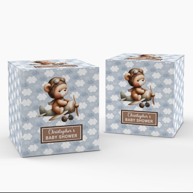 Sweet teddy bear piloto chico ducha caja de favore (Charming Teddy Bear Pilot Boy Baby Favor Box)