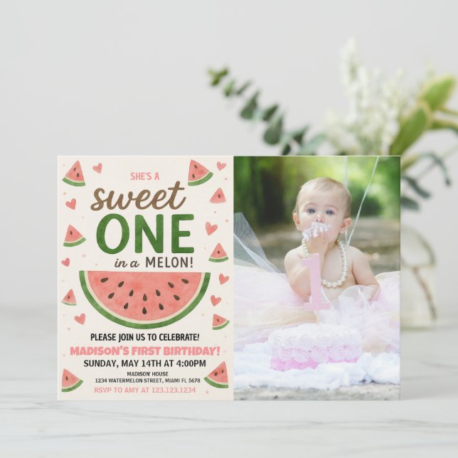 Sweet Watermelon Invitación de primer cumpleaños (Anverso de pie)