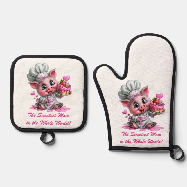 Sweetest Mom Pig Chef Oven Mitts & Pot Holder Set (Anverso)