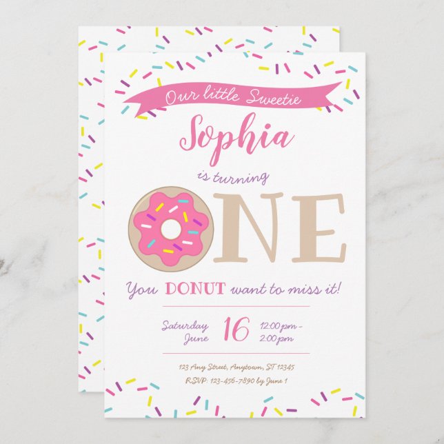 Sweetie Donut Doughnut Primera invitación de cumpl (Anverso / Reverso)