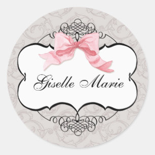 Swirl de Bow Damask en francés, sello Baby Shower