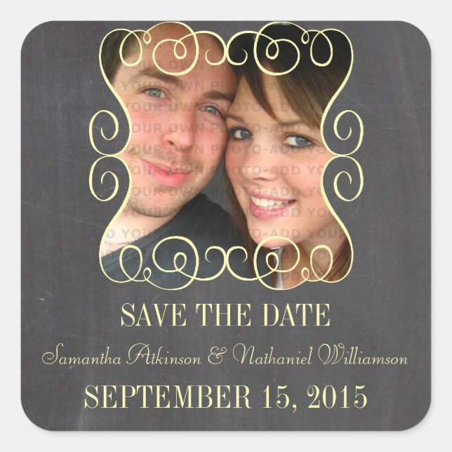 Swirls Chalkboard Photo Save the Date Pegatinas (Anverso)