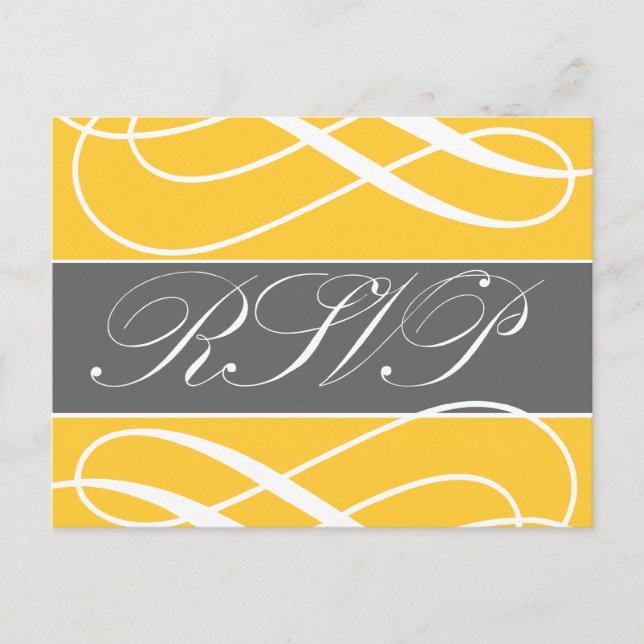 Swirls Wedding RSVP Postales Gris Amarillo (Anverso)